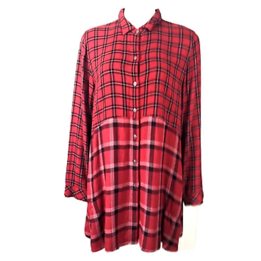 J Jill button Up Shirt Woman's M Red Plaid Button‎ Front Pockets Long Sleeves